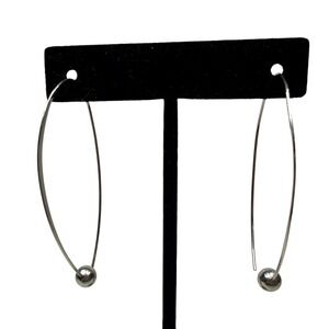 Sleek Modern Silver Tone Elongated Hoop Earrings with Ball Bead Accent Fashion